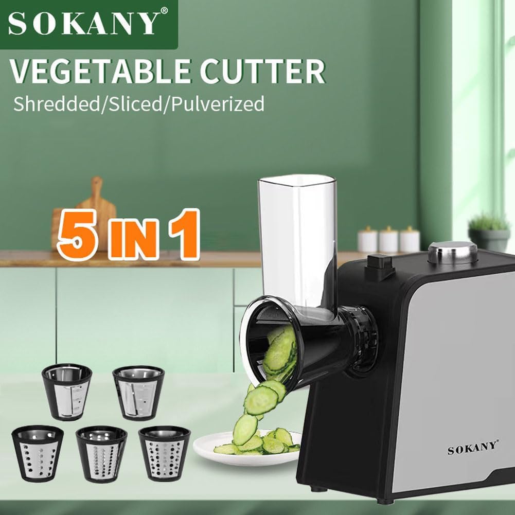 1000W 6 in 1 Electric Grater, Salad Slicer with 5 Extra Sharp Inserts, Vegetable and Fruit Chopper for Coarse, Fine, Sliced, Minced, One-Touch Operation, Easy to Clean
