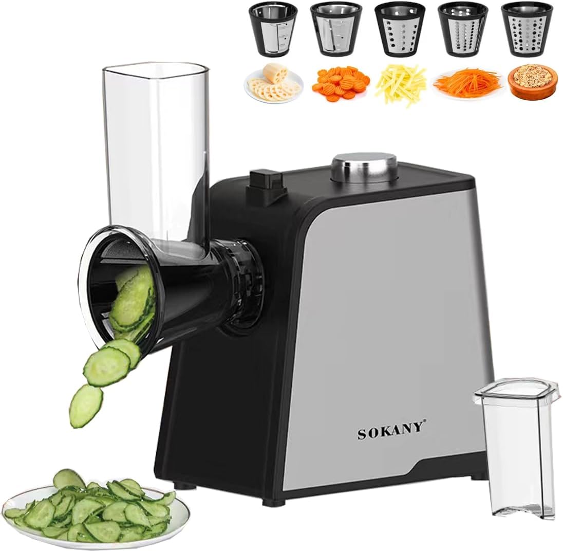 1000W 6 in 1 Electric Grater, Salad Slicer with 5 Extra Sharp Inserts, Vegetable and Fruit Chopper for Coarse, Fine, Sliced, Minced, One-Touch Operation, Easy to Clean