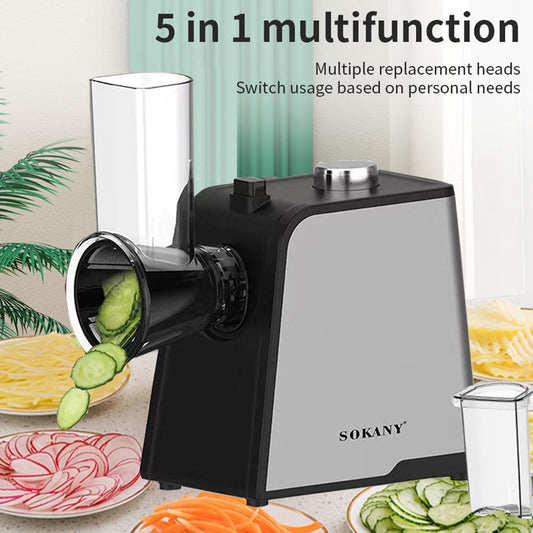 1000W 6 in 1 Electric Grater, Salad Slicer with 5 Extra Sharp Inserts, Vegetable and Fruit Chopper for Coarse, Fine, Sliced, Minced, One-Touch Operation, Easy to Clean
