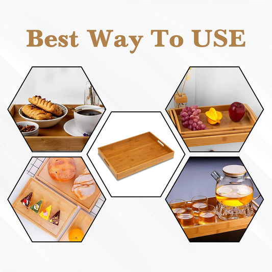 Wooden Serving Tray With Handles - Rectangular, Natural, Bamboo, 100% - Large, Small, Medium - Breakfast, Food, Kitchen, Outdoors, Restaurants