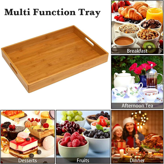 Wooden Serving Tray With Handles - Rectangular, Natural, Bamboo, 100% - Large, Small, Medium - Breakfast, Food, Kitchen, Outdoors, Restaurants